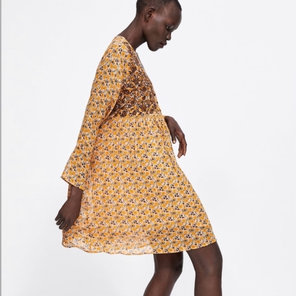 ZARA Floral Embroidered Long Sleeve Mini Dress Mustard Yellow - XS - Picture 4 of 16